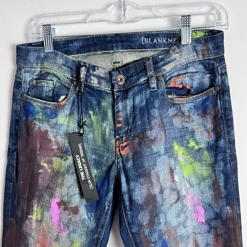 BlankNYC Hand Painted 'Crazy Legs' Splatter Design Slim Straight Leg Jeans - Picture 3 of 16